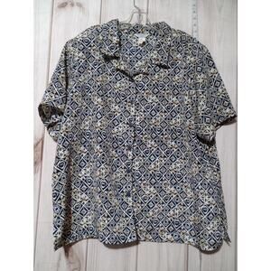 Vintage Ship N Shore Shirt Womens 20 Blue Beige Geometric Button Up Blouse 90s
